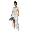 Women's summer  new arrival: bubble sleeve v-neck fitted waist slimming elegant mermaid maxi dress - french polka dot style