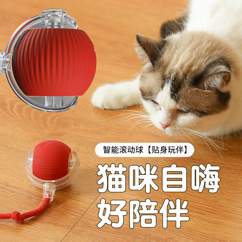 new cat toy gravity smart red rope rolling ball bird sound electric cat teasing ball tooth grinding and bite resistance