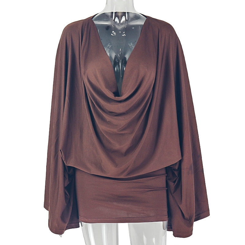 European and american style ins cross-border pure color women's low-cut sexy pleated loose hip skirt v-neck long sleevesshortdress