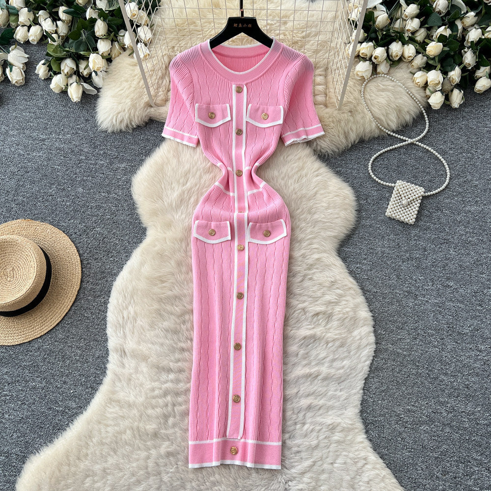 Accessible luxury tweed styleknitting gentle dress women's summer metal buckle silmslimming looka-line eleganceelegant long skirt