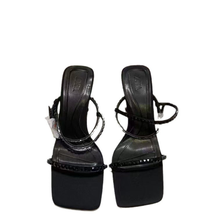 Za new 2024 fashion french black high heels square toe one strap rhinestone open toe back strap sandals women