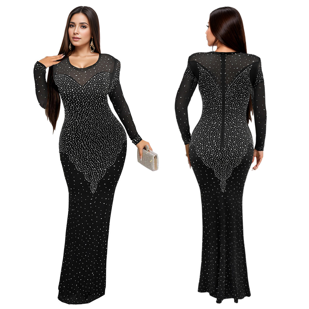 C7139 cross-border   fashion women's long-sleeve bodycon dress with rhinestone detailing - sexy and figure-flattering