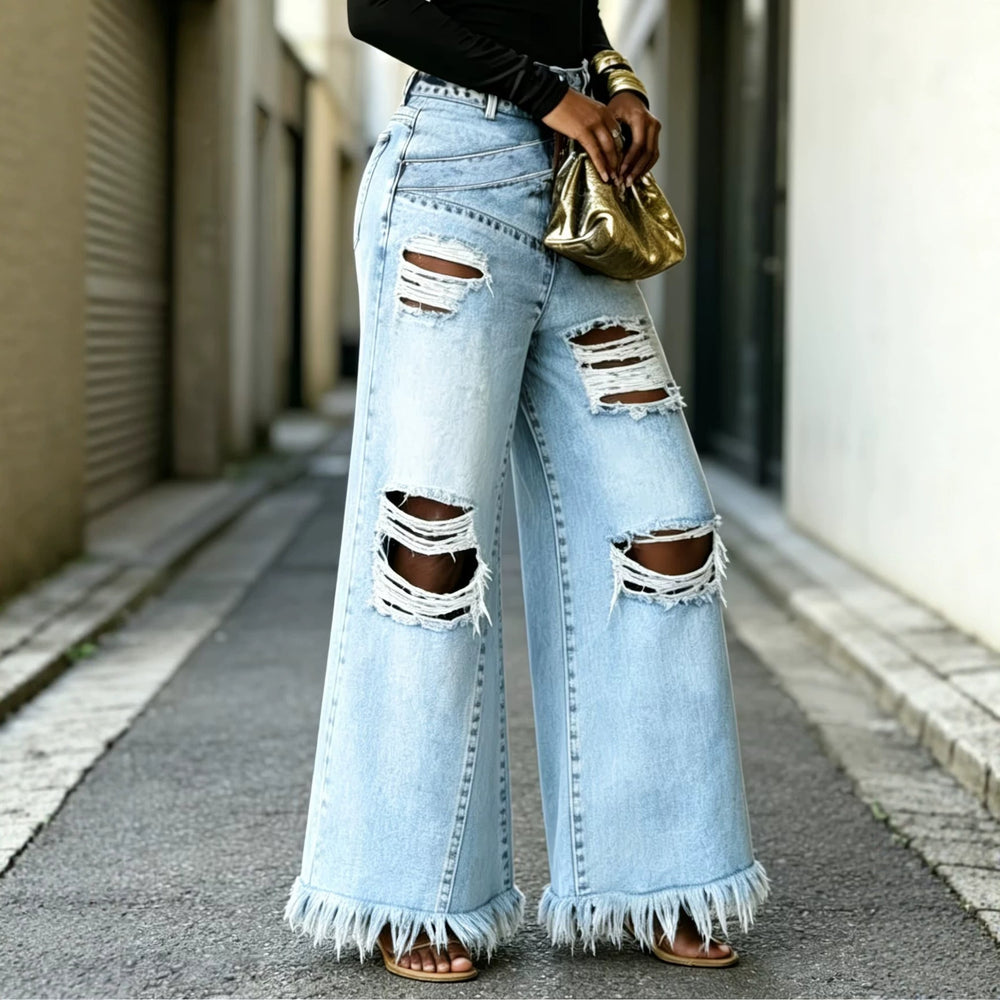 European and american style women's wide leg jeans - hot girl retro washed high waist floor length trendy versatile denim pants