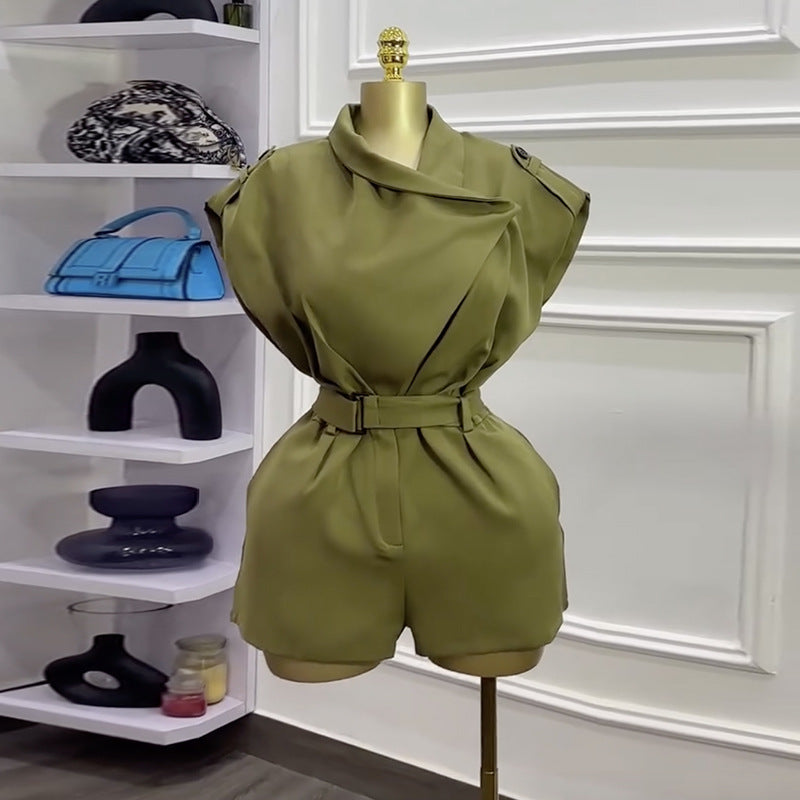 European and american cross-border women's fashion:  summer new arrival - elegant, designer, tie-waist, versatile solid color short jumpsuit