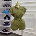 European and american cross-border women's fashion:  summer new arrival - elegant, designer, tie-waist, versatile solid color short jumpsuit