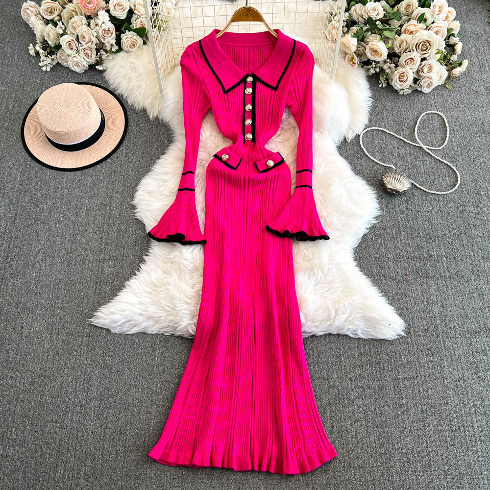 winternew arrivalpolo collar small fragrant style knittingdress women's long sleevesfashionelegant waist sweater skirt