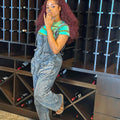 Fashion cross-border women's clothing  ins style stylish street large flap pocket pants loose suspender jeans