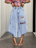 European and american style women's patchwork distressed cropped wide-leg jeans with letter print and washed finish - export quality