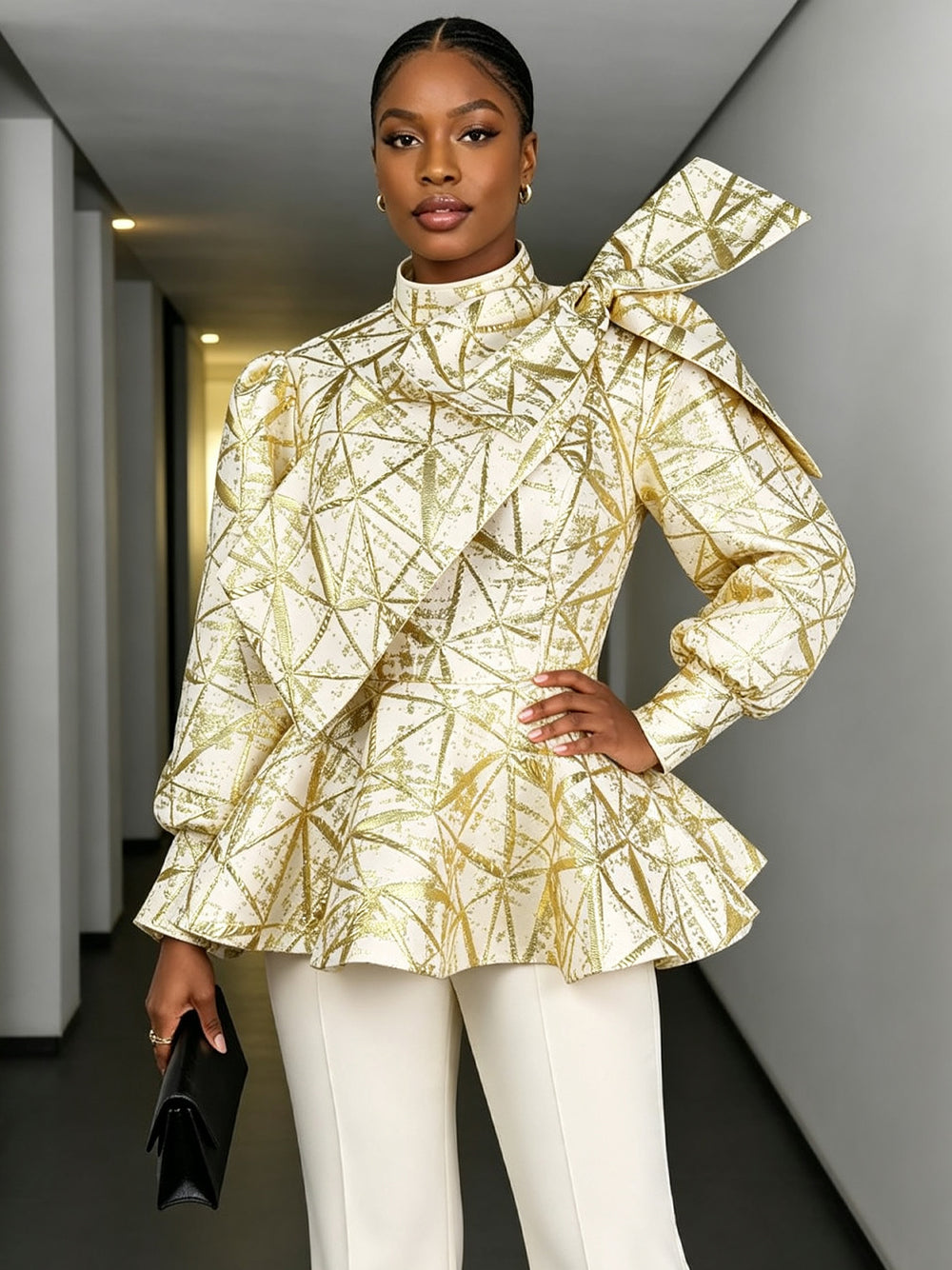 Autumn winternew arrival gold silk jacquard top waist accessible luxuryelegantclassybowsrufflessense of designtops