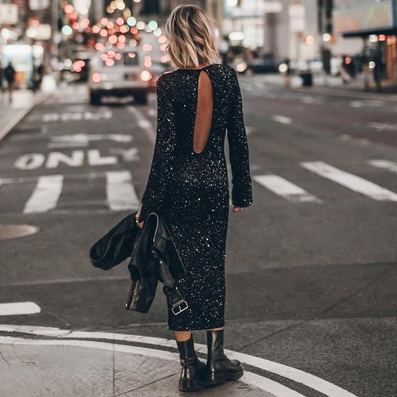 independent station ins fashion cross-border new casual beads street style elegant fashion long sleevesdress