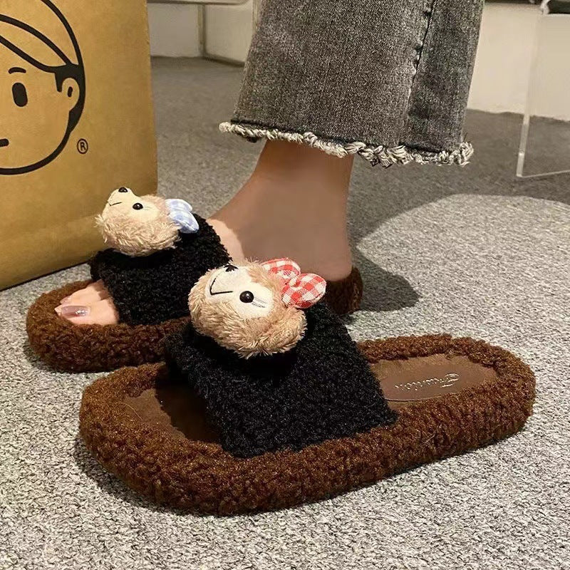 Fluffy slippers women's cartoon cute mickey mouse new autumn winter korean style comfortable home anti-slip cotton slippers women's outdoor wear