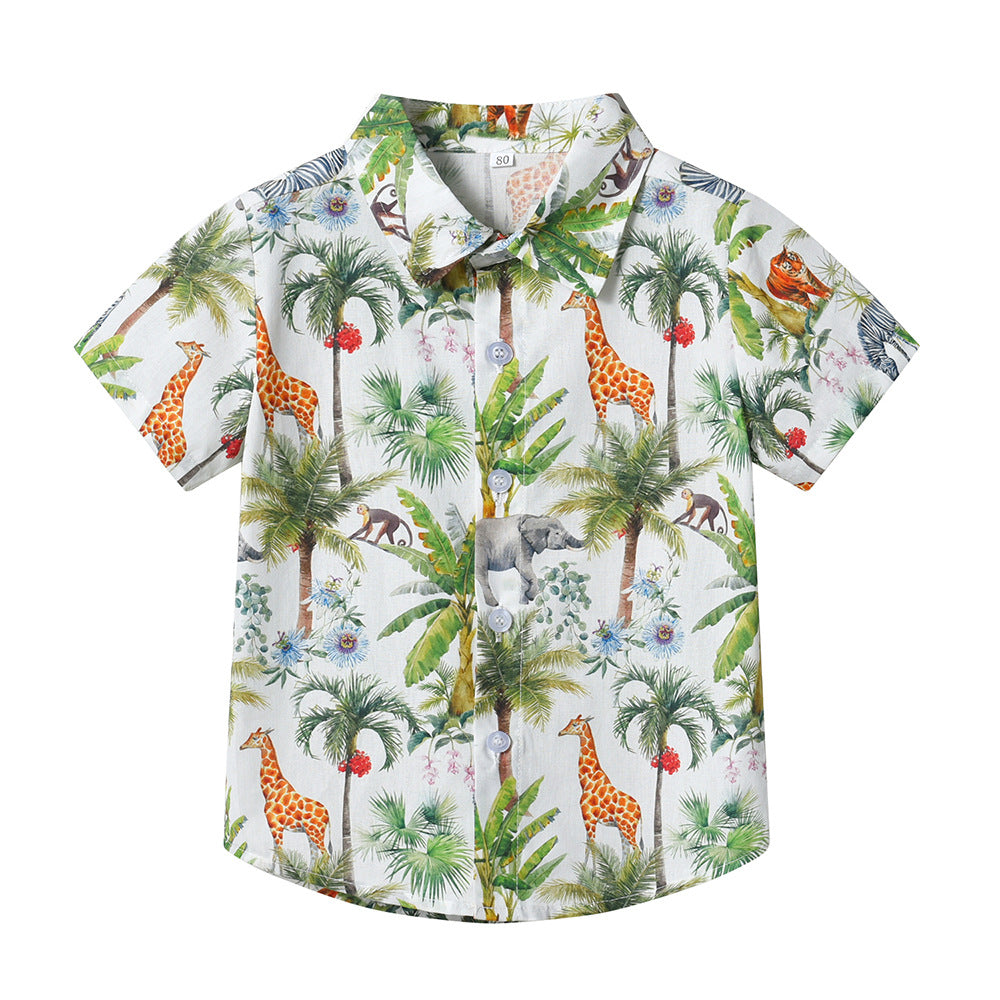Summer new arrival: cross-border kids' short-sleeve shirt - comfortable, casual, beach-style printed shirt for boys
