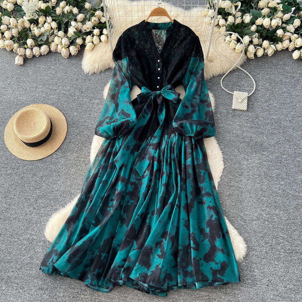 Gentle wind lacepatchworkelegantdress women's summerclassy sense of binding color matching waist printing long skirt work clothing