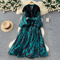 Gentle wind lacepatchworkelegantdress women's summerclassy sense of binding color matching waist printing long skirt work clothing