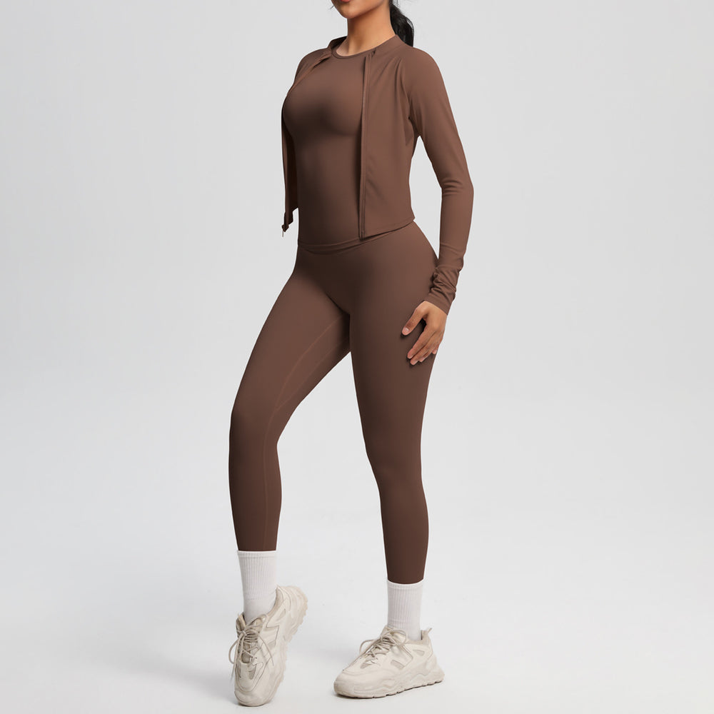 Ready-to-ship cross-border brushed microfiber seamless breathable compression short-sleeve three-piece activewear set for women - perfect for running, fitness, and yoga