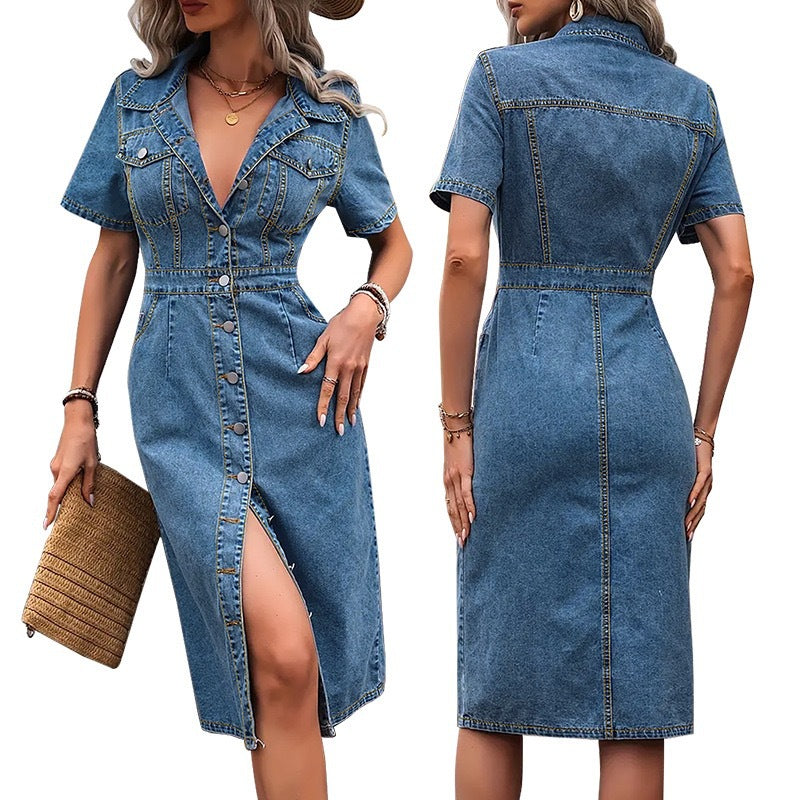 new arrivalplus size women's clothing  lapel denim short-sleeved cardigan medium dress export