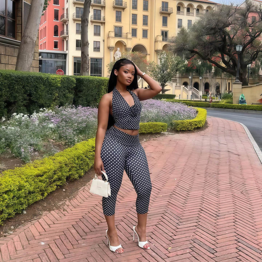 European and american cross-border women's fashion  autumn new sleeveless v-neck halter backless top and leggings casual two-piece set
