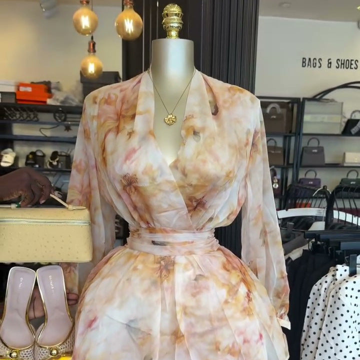 European and american cross-border women's fashion:  summer new arrivals - sweet print, gentle style, cinched waist, tie-waist, long sleeve, short dress