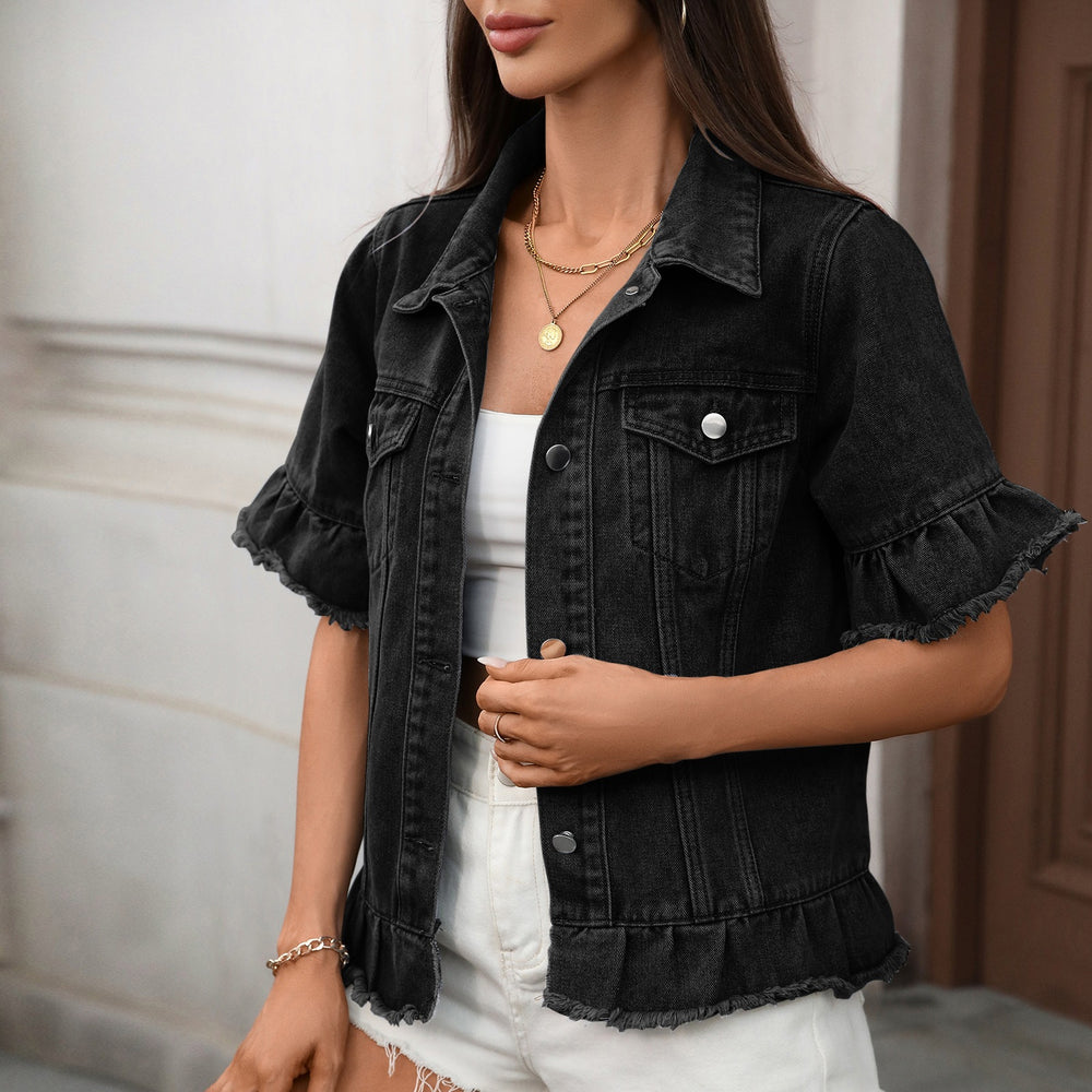 Fashion cross-border foreign trade  new style washed american hot girl  fringed hem short-sleeved denim outwear trendy