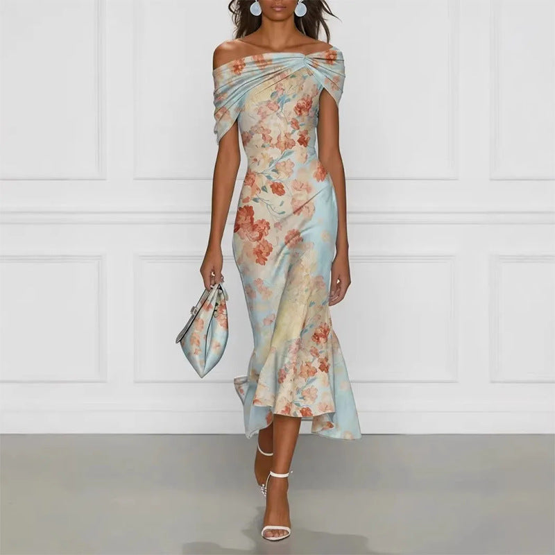european and american women's summer new arrivals: elegant off-the-shoulder short sleeve printed maxi dress