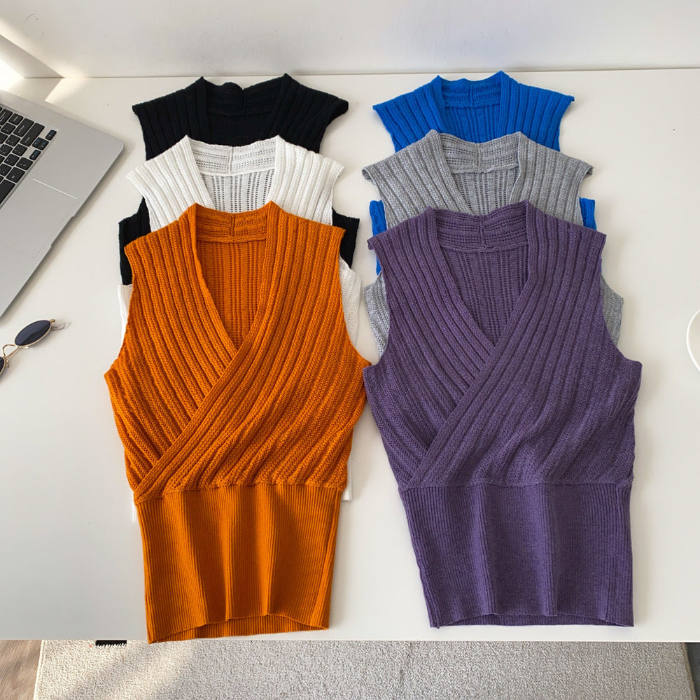Sense of designniche style chicelegantv-neck knitting vest women's  spring and summerpure color sleeveless silmslimming looktops