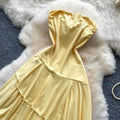 French riviera style bandeau ruffle asymmetrical dress - women's summer yellow slimming elegant maxi dress