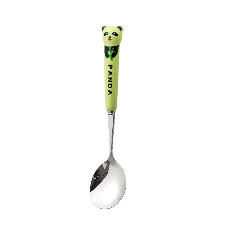 Cartoon stainless steel cutlery set: cute kids' forks with stylish ceramic handles, exquisite dessert spoons, and serving spoons