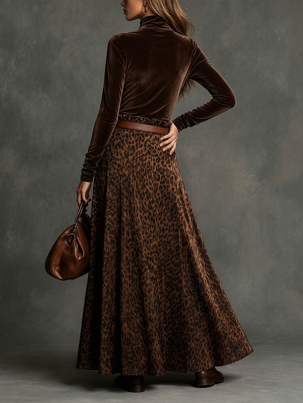 European and american retro style women's two-piece set: brown velvet base layer top with leopard print flowy maxi skirt