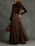 European and american retro style women's two-piece set: brown velvet base layer top with leopard print flowy maxi skirt