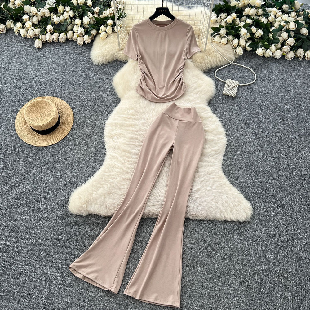 Fashionsuit women's summer sense of design pleatedsilm round neck short sleeve t-shirt tops high waist hip yoga pants