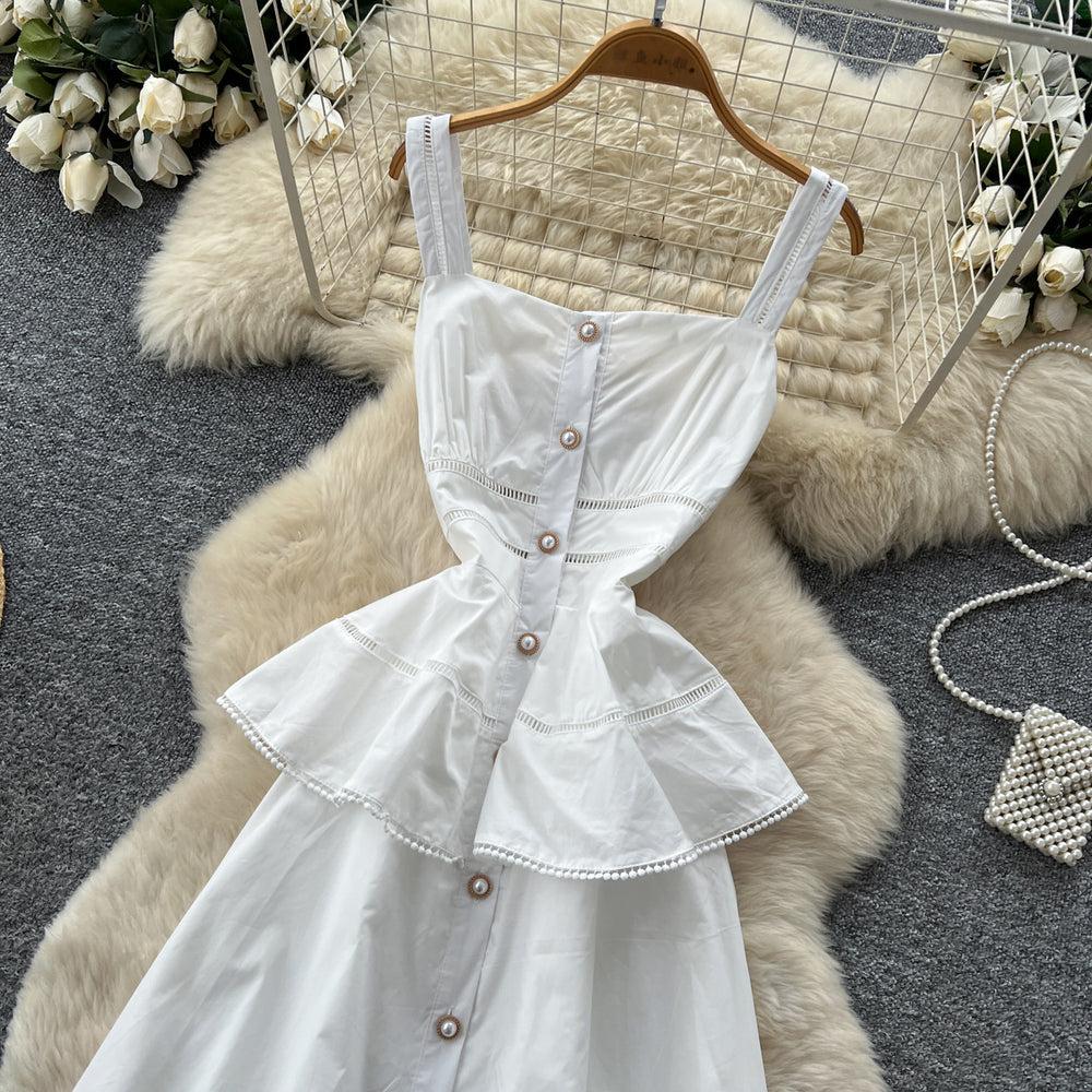 new white sleeveless a-line dress for women - summer workwear, high-waisted, fresh & chic maxi dress