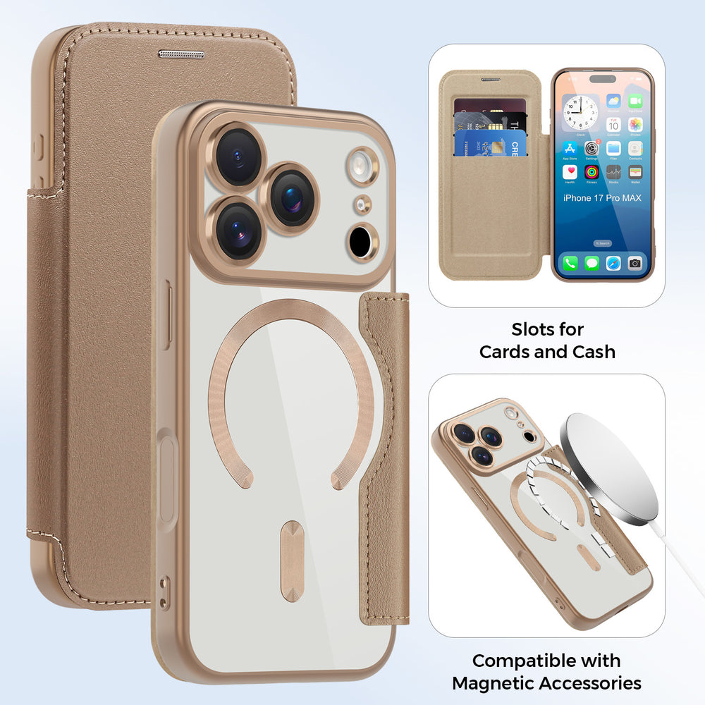 Premium gold shield magnetic leather case for iphone 17 pro max, apple 16 flip cover, full coverage, drop protection