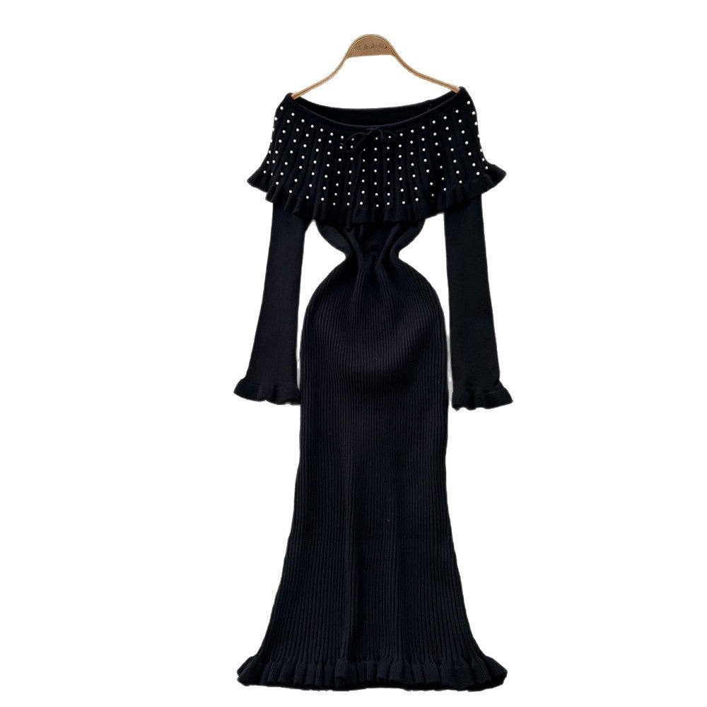 Goddess-style classy one-shoulder ruffles heavy-duty beading waist slimming lookelegantsilm knittingdress for women
