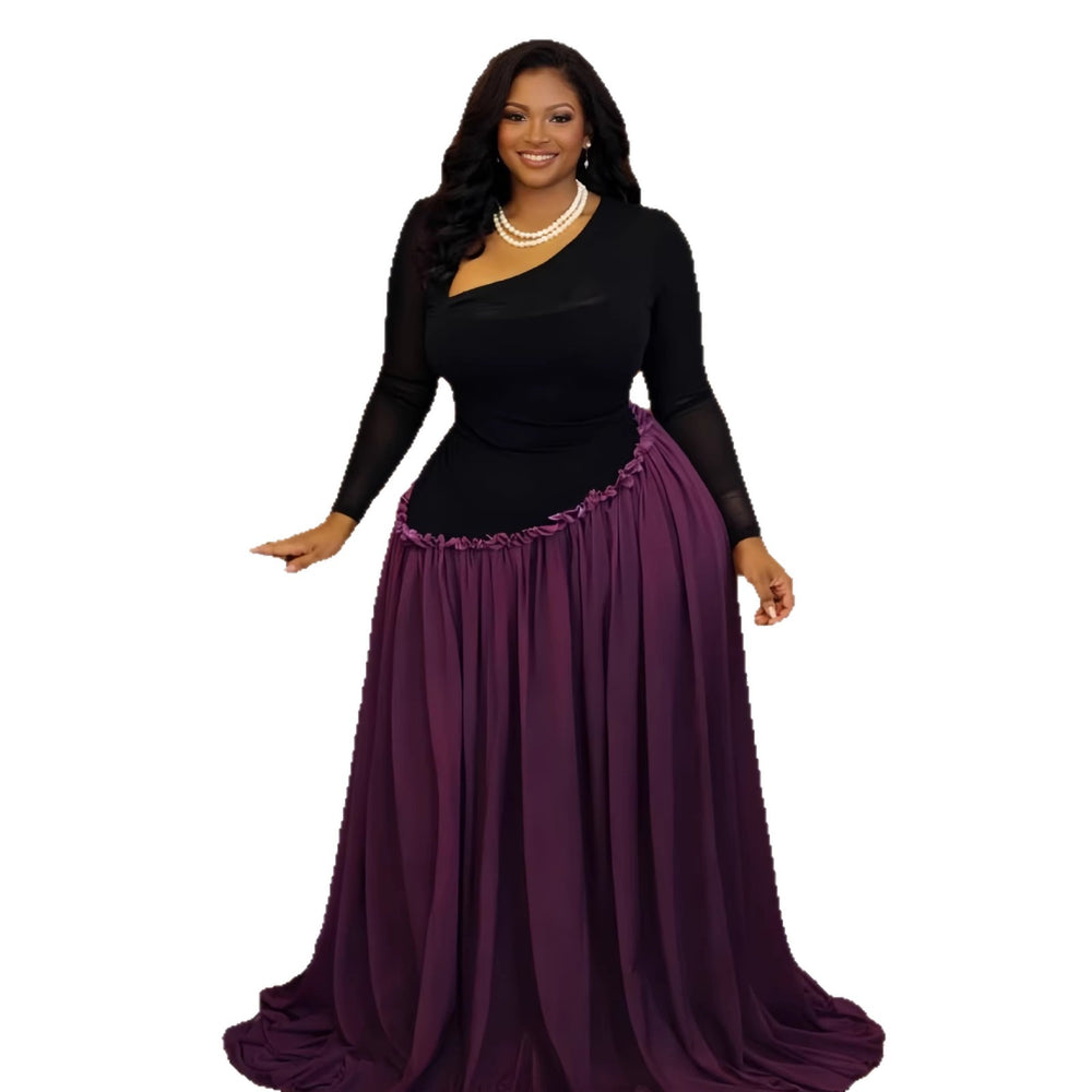 European and american cross-border women's clothing:  spring new arrival - long sleeve, cutout, asymmetrical neckline, slim-fit, panelled, pleated, a-line maxi dress