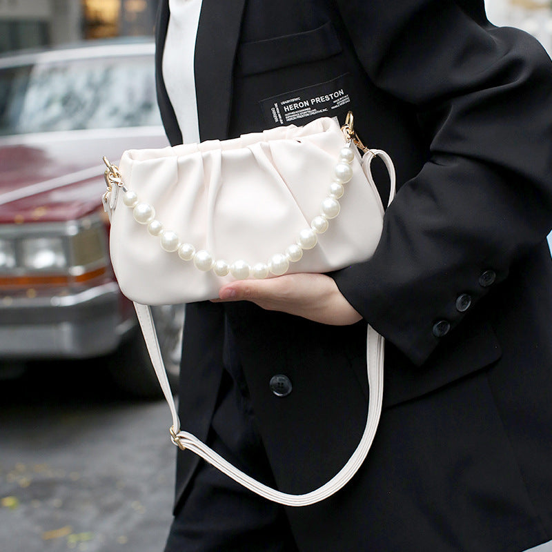 New retro ins pleated shoulder bag pearl chain small fragrant women's bag Korean version versatile portable messenger bag