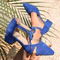 Fashionelegant pointed thick medium heel flats2026 new arrivalslimming lookeasiest for match suede straps pure color breathable women's shoes