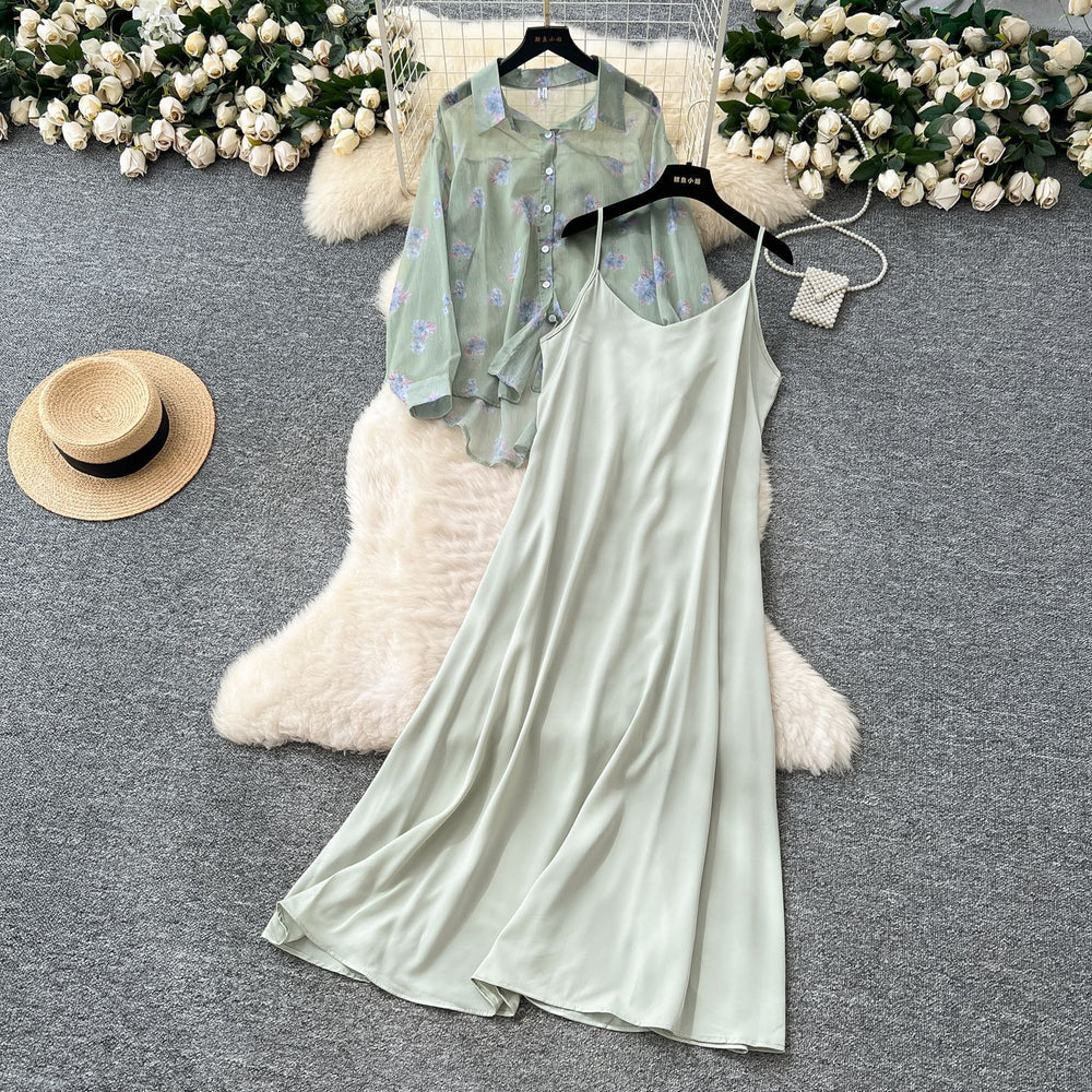 Beach vacation style solid color slim-fit cami dress + floral lightweight long-sleeve sun protection cardigan top set for women - summer