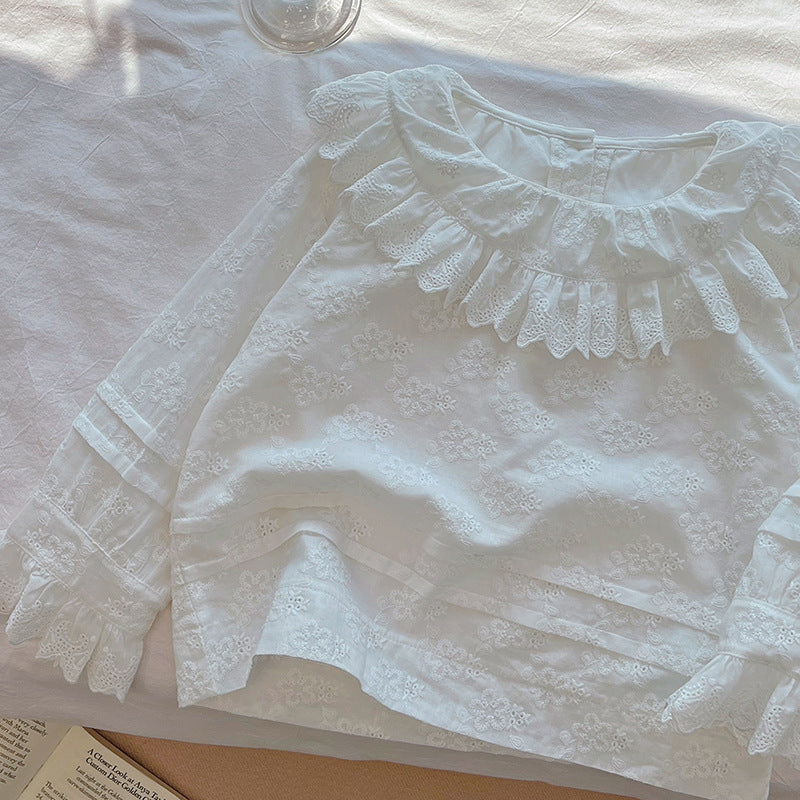 Girls' fall blouse  new long-sleeve heavy lace collar shirt - stylish spring/autumn top for kids