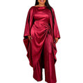African deep red satin drawstring pant set - loose batwing sleeve cinched waist slimming robe wide leg two-piece outfit