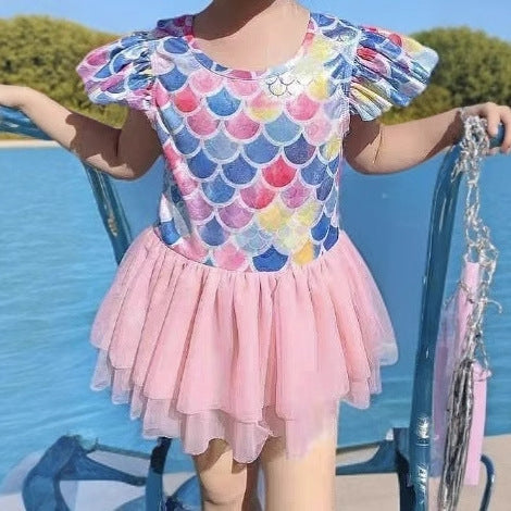 Ins style baby girl swimsuit cute cartoon one-piece mermaid princess dress swimwear toddler swim suit