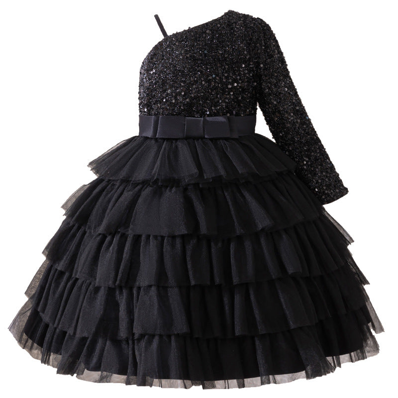 Exportfashion stylegirl dress one shoulder elegantlongsequinpatchworkkids meshaccessible luxuryniche style banquet skirt