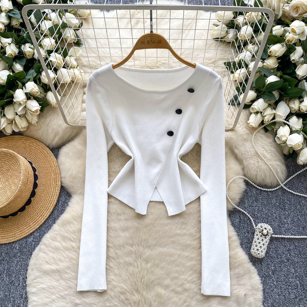 Long sleevesknitting shirt for women autumnew arrivalsense of designniche style slit button round neck long sleevesilm bottom shirt