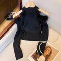 Atmosphere stuffed off-shoulder knitting shirt half turtleneck feather patchwork shoulder pit strip silmshort women's tops