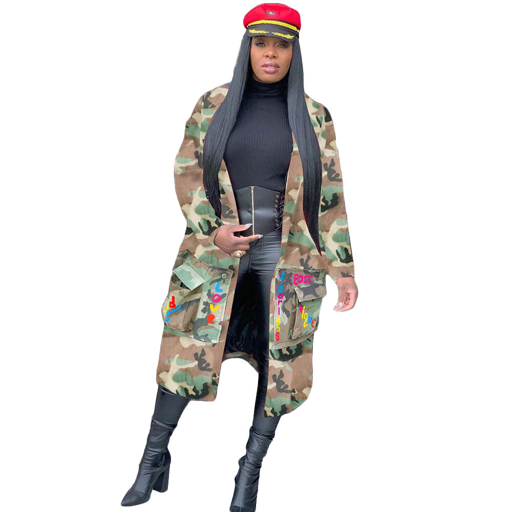 S390237 in stock wholesale women's mid-length casual fashion european and american camouflage print patchwork military overcoat