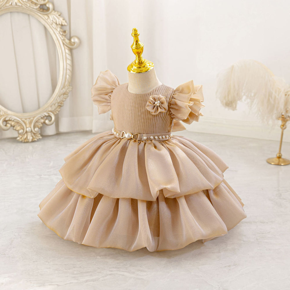 Ready-to-ship children's formal dress - airplane sleeves, beaded, puffy princess dress for baby girls, flower girl dress