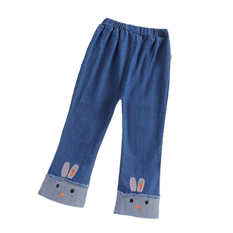 spring/autumn girls' casual embroidered denim fashion pants - korean style, trendy cartoon jeans for toddlers and children
