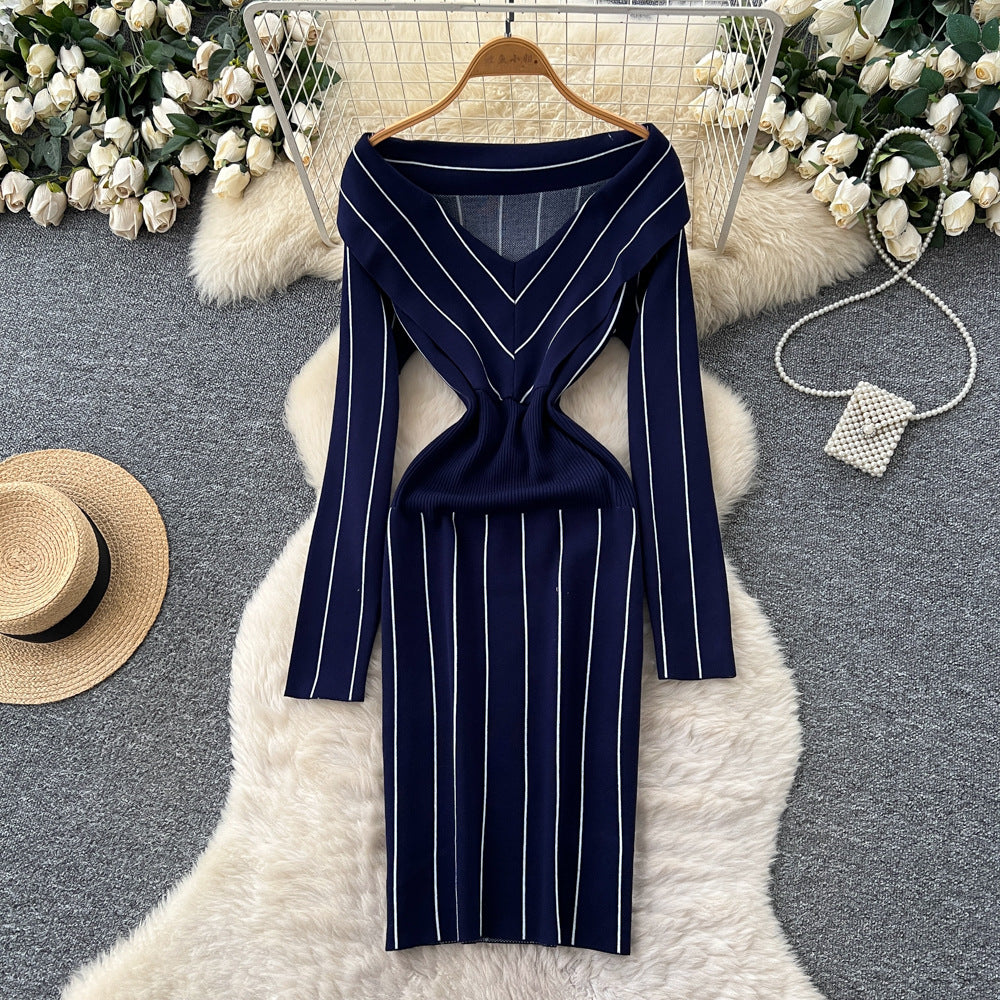 Xiaoxiangfengclassy contrast colorbows strappy long sleevesdress women's metal buckle waist slimming lookknitting short skirt