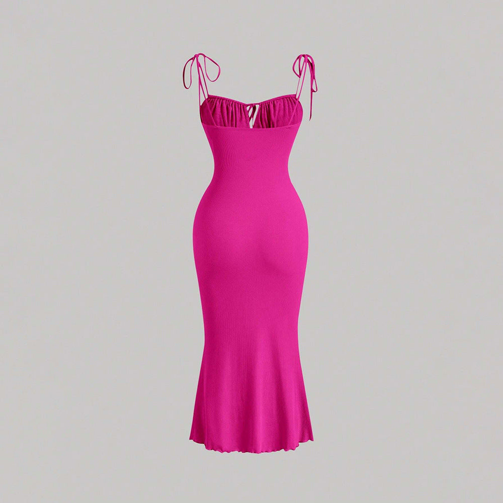 sexy drawstring tie bodycon mermaid maxi dress with spaghetti straps - vacation-ready french style