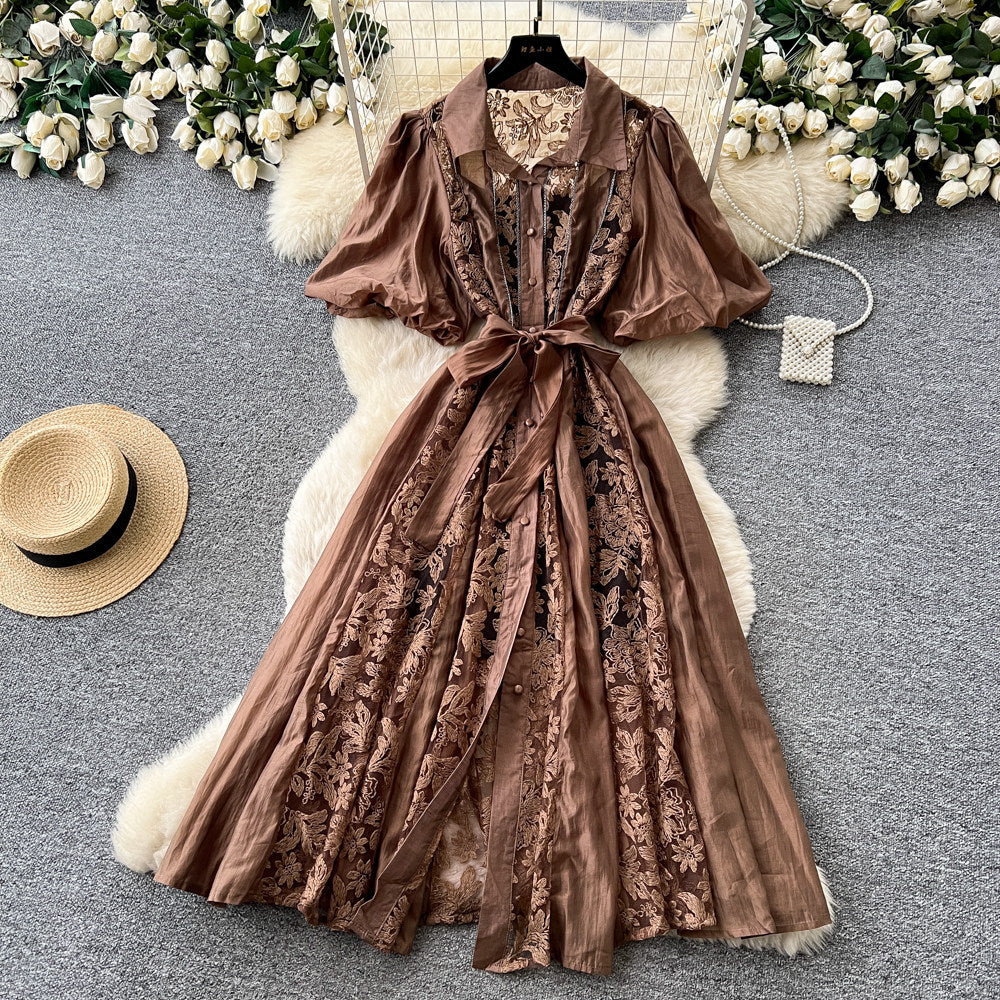 Accessible luxury style puff sleeve embroiderdress women's tie backk-style waist slimming lookclassyelegant large swing long skirt