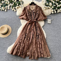 Accessible luxury style puff sleeve embroiderdress women's tie backk-style waist slimming lookclassyelegant large swing long skirt